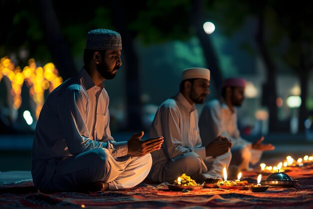 Modlitwy muzułmańskie siedzące przed meczetem w noc ramadanu z selektywną siecią neuronową