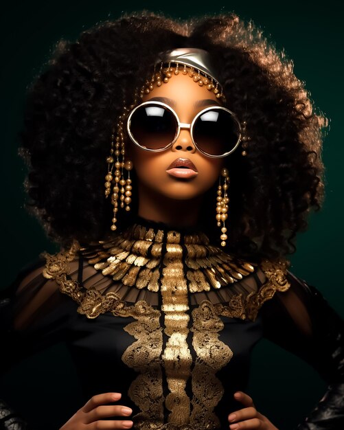 Modna afro modelka w kręconych włosach i czarnej sukience w okularach przeciwsłonecznych Złote akcesoria
