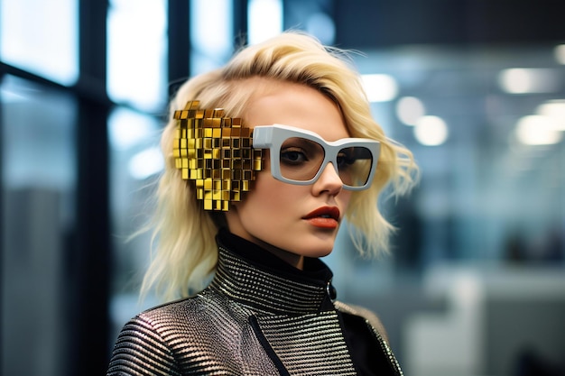 Modna blondynka w stylowych okularach przeciwsłonecznych pozuje w studiu