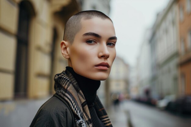 Modna kobieta z fryzurą Buzz Cut