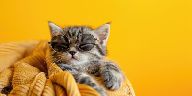 Zdjęcie modna kociaka nosząca okulary przeciwsłoneczne na jasnopoltym tle z przestrzenią do kopiowania