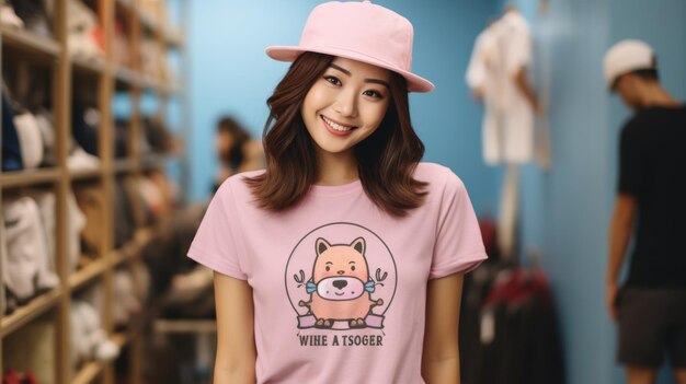 Zdjęcie modna młoda azjatka w uroczym kapeluszu z niedźwiedziem uśmiecha się jasno w modnym sklepie z odzieżą