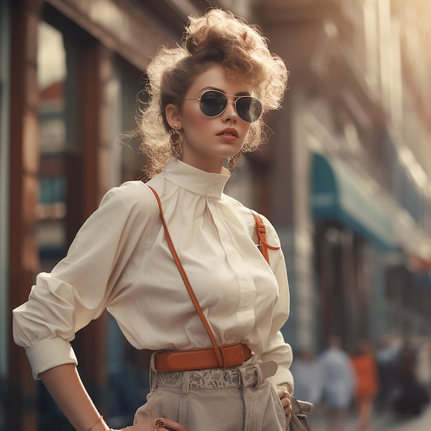 Zdjęcie modna modelka w stylowych ubraniach retrostyle na ulicy vintage mody lat 80.