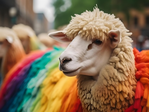 Modna owca w paradzie dumy Koncepcja dumy LGBTQ wygenerowana przez sztuczną inteligencję