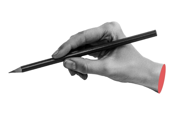 Modna ręka trzymająca ołówek abstrakcyjny wycinek ręka półtonowy element kolażu do montażu projektu