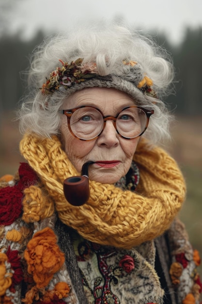 Zdjęcie modna starsza kobieta pali fajkę na ulicy jesienią