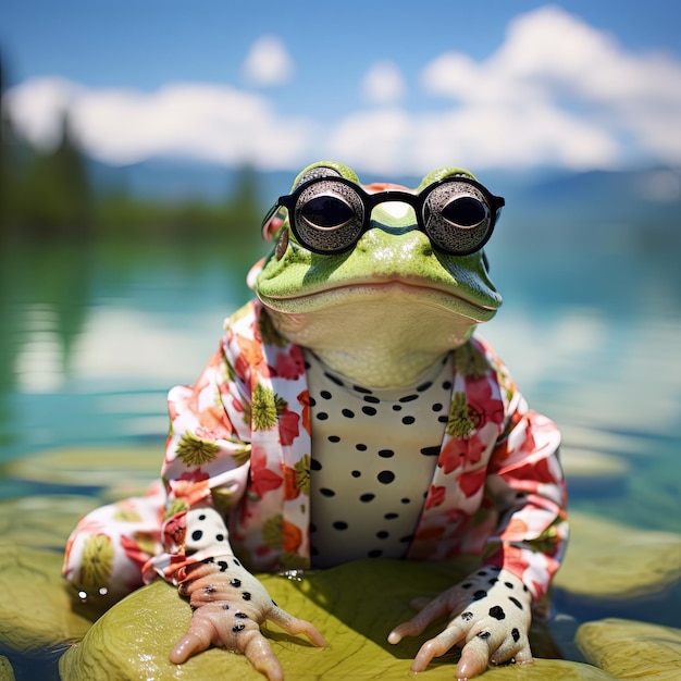 Modna żaba w sukience z kropkami i okularach przeciwsłonecznych leżąca na wodzie jeziora