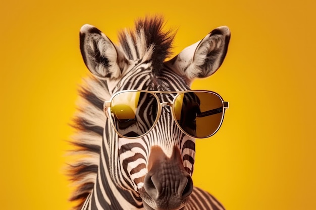 Modna zebra w okularach przeciwsłonecznych z widocznymi uszami i nosem Symbol stylu i mody na afrykańskiej sawannie obowiązkowy punkt dla miłośników dzikiej przyrody AI Generative