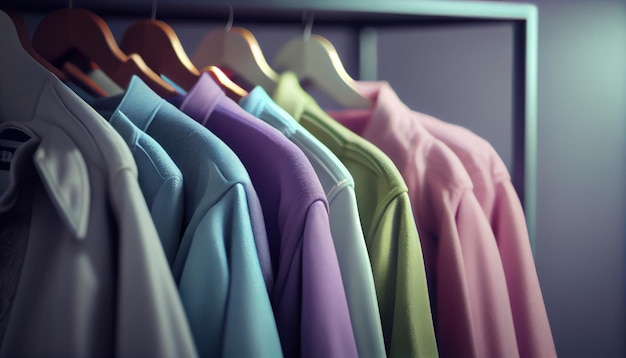 Modne ciuchy na stojaku odzieżowym Zbliżenie wyboru koloru tęczy modnej odzieży damskiej na wieszakach w szafie sklepowej lub koncepcji wiosennych porządków Wygenerowane Al