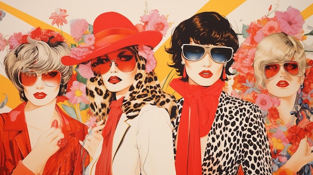 Modne dziewczyny w okularach przeciwsłonecznych z leopardem na kolorowym tle