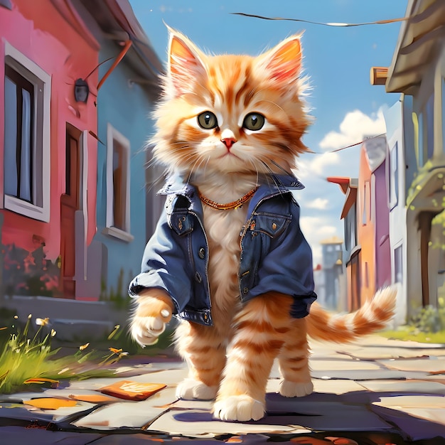 Modne kotek chodzi po dzielnicy jasne kolory słoneczna ulica przez Irene