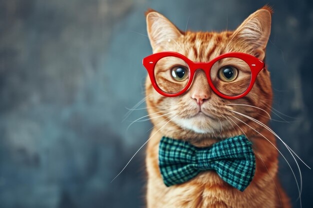 Zdjęcie modne koty, urocze koty, eleganckie czerwone okulary i zielony krawat.