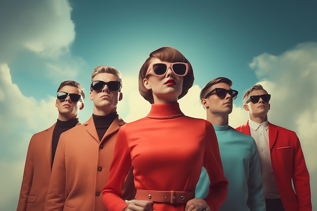 modne młode kobiety w okularach przeciwsłonecznych stojące w rzędzie z mężczyznami na tle