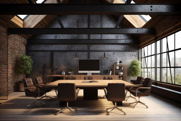 Modne, nowoczesne wnętrza biurowe, widok z przodu na otwartą przestrzeń na poddaszu, zarówno tło do spotkań, jak i