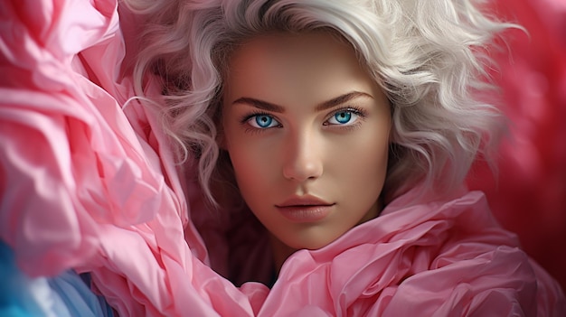 Modne różowe cienie na oczy i niebieskie oczy podkreślające piękno młodej kobiety