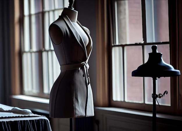 Modne stojaki na manekiny w eleganckim butikowym oknie generowanym przez sztuczną inteligencję