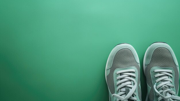 Modne zielone buty sportowe umieszczone na jednobarwnej zielonej powierzchni.
