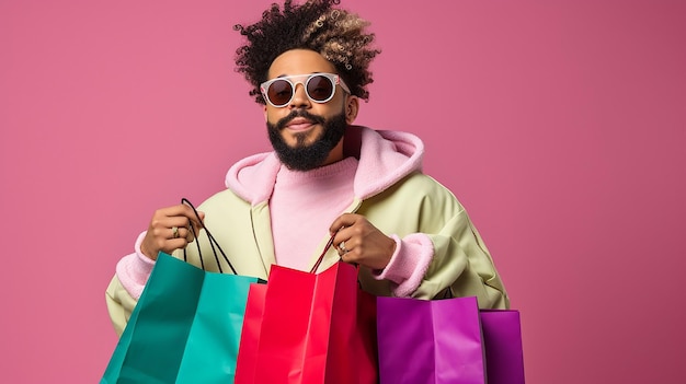 Modny afroamerykański shopaholic z okularami przeciwsłonecznymi trzymającymi torby na zakupy izolowane na różowym
