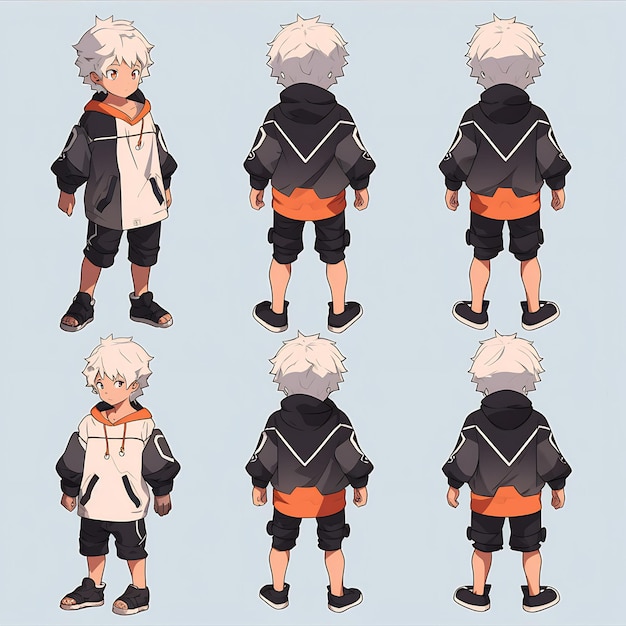 Modny arkusz grafiki koncepcyjnej zmiany postaci chłopca z anime przedstawiający stylowy wygląd przystojnego nastolatka
