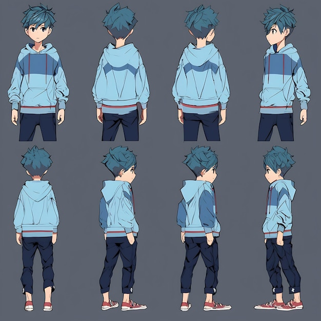 Modny arkusz grafiki koncepcyjnej zmiany postaci chłopca z anime przedstawiający stylowy wygląd przystojnego nastolatka