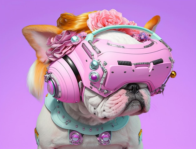 Modny buldog w zestawie słuchawkowym VR w stylu fairy kei