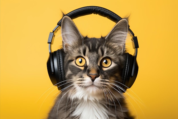 Modny kot noszący nowoczesne bezprzewodowe słuchawki na prostym tle z pustą przestrzenią dla tekstu