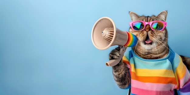 Zdjęcie modny kot ogłaszający za pomocą megafonu oświadczanie ogłoszenia ostrzegawczego