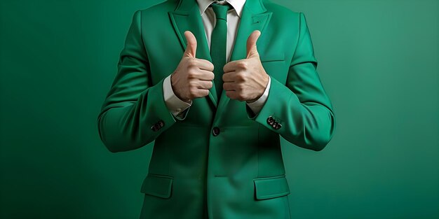 Modny mężczyzna w zielonym garniturze z entuzjazmem gestuje podwójnymi kciukami w górę Concept Fashion Green Suit Enthusiastic Gestures Thumbs Up Men39s Style