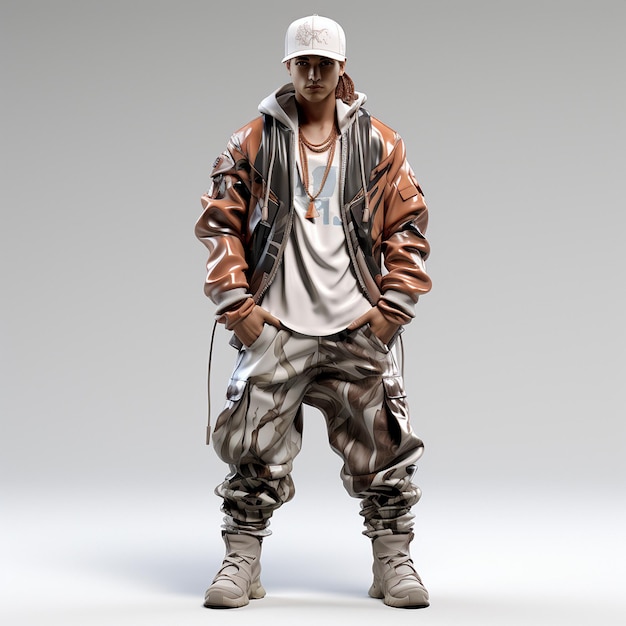 Modny model ubrany w modę hip-hopu
