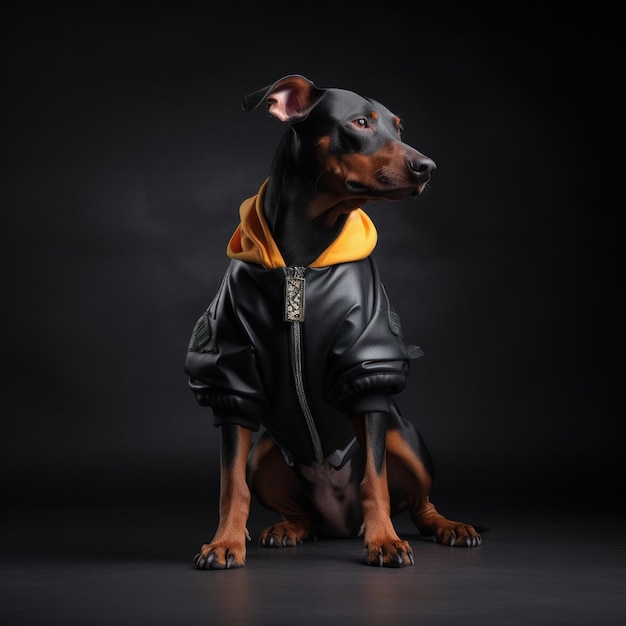 Modny pies ma na sobie czarno-brązową bluzę z kapturem, która zapewnia mu ciepło i wygodę w chłodniejszych miesiącach. Stylowa odzież dla zwierząt AI Generative