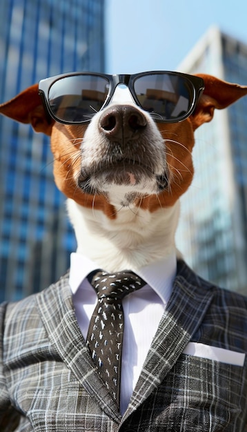 Zdjęcie modny pies w okularach przeciwsłonecznych i garniturze z krawatem na niewyraźnym tle idealny do umieszczania tekstu