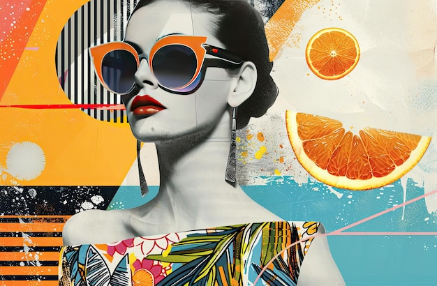 Modny portret młodej pięknej kobiety w okularach przeciwsłonecznych na kolorowym tle