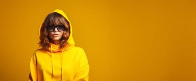Modny wizerunek dziewczyny w żółtej bluzie nosi okulary przeciwsłoneczne na żółtym tle Generative AI