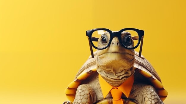 Zdjęcie modny żółw w okularach przeciwsłonecznych na tle studia z przestrzenią do kopiowania