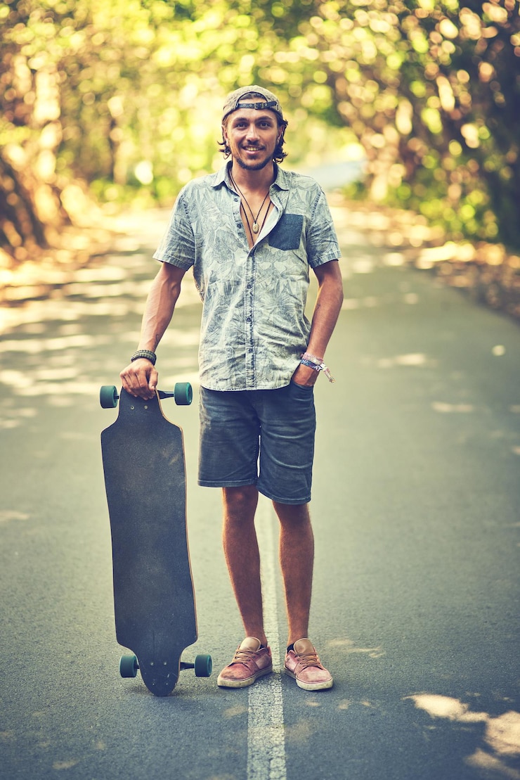 Zdjęcie moja tablica to mój kumpel portret młodego mężczyzny stojącego na ulicy ze swoim longboardem