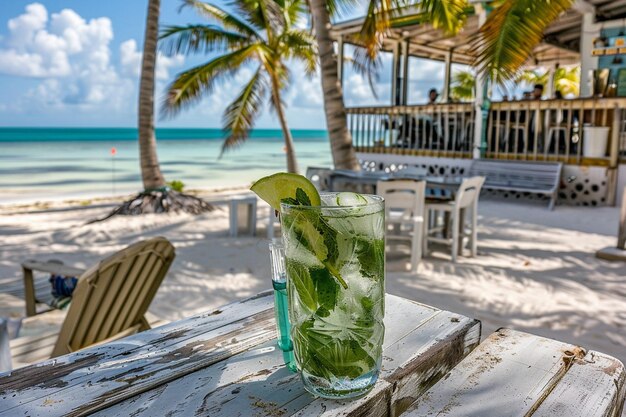 Zdjęcie mojito w kabinie przy plaży z kołyszącymi się palmami