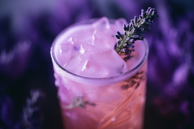 Mojito z lawendą z fioletowym colro w szklance z lodem z liściem lawendy
