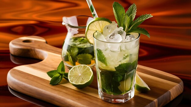 Mojito z miętą i cytryną w szklance i dzbanie na okrągłej desce na brązowym tle drewnianym