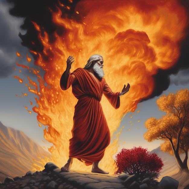 Mojżesz i płonący krzak Ai generowana ilustracja