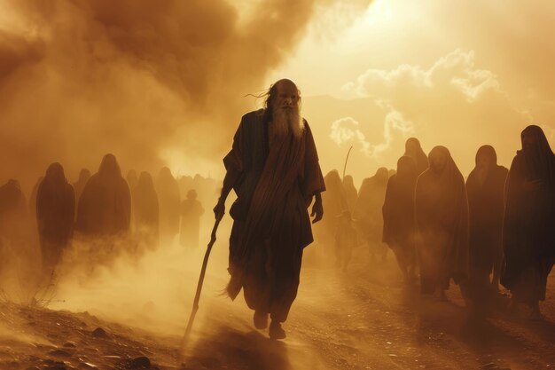 Zdjęcie mojżesz prowadzi żydów przez pustynię biblijna podróż do ziemi obiecanej na synaju religijna historyczna ucieczka opowiedziana w biblii pokazująca przywództwo mojżesza i boską interwencję w wyjściu izraelitów