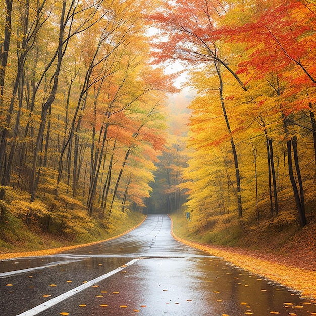 Mokra asfaltowa droga przechodząca przez kolorowy jesienny las generowany przez sztuczną inteligencję
