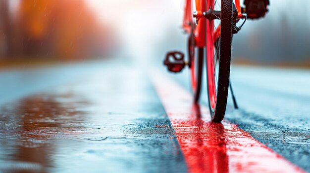 Mokra opona rowerowa na deszczowej drodze