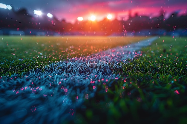 Mokre boisko piłkarskie z kropelami deszczu Generatywna sztuczna inteligencja
