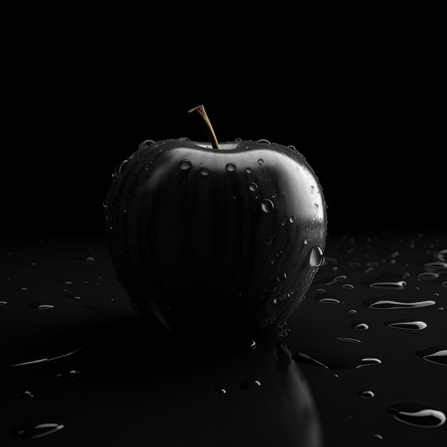 Mokre czarne jabłko na czarnym tle generatywnej AI
