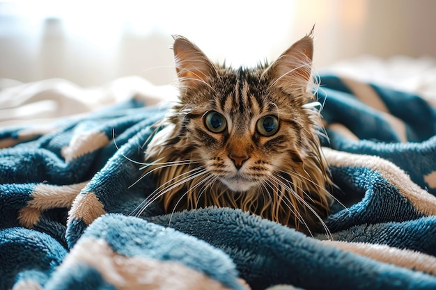 Zdjęcie mokre kotko maine coon po kąpieli owinięte w ręcznik na łóżku