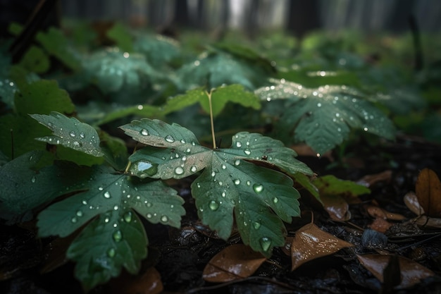 Mokre liście błyszczą po deszczu generatywny IA