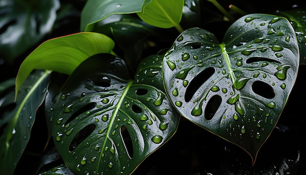 mokre liście czarnej rośliny monstera deliciosa w ogrodzie