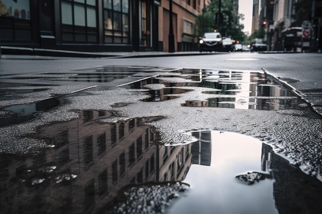 Mokry asfalt w deszczu z kropelkami wody i odbiciami pobliskich budynków