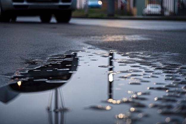 Mokry asfalt z kroplami deszczu i ich odbiciami widocznymi na opustoszałej ulicy