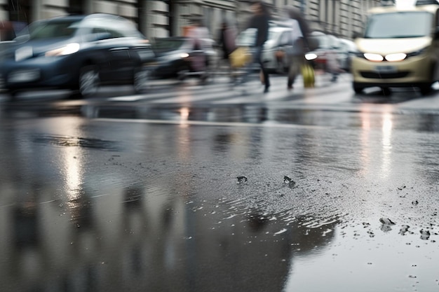 Mokry asfalt z samochodami i ludźmi poruszającymi się w rozmyciu ruchu